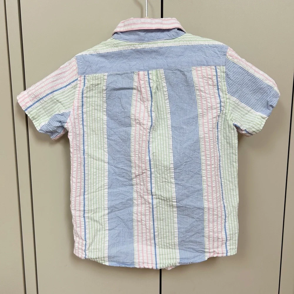 JANIE and JACK seersucker pink green blue short sleeve boys button down sz 5 - s